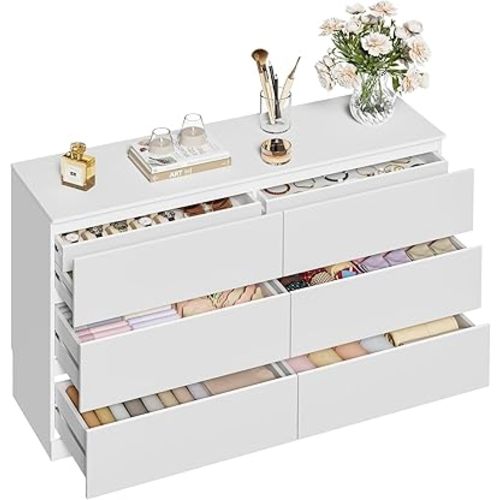 Dresser for Bedroom with 6 Drawers, 14.2" D x 47.2" W x 29.5" H, White