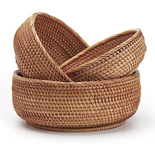Round Rattan Fruit Baskets Woven Storage Bowls Key Holder Stackable for Shelf Kitchen Tabletop Natural Set of 3