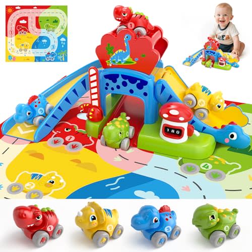 Toddler Toys for 1 2 Year Old Boy Gifts - Educational Dinosaur Slide Set with 4 Color/Number Push Cars and Playmat, Montessori Learning Toy for Baby 12-18 Months, 1st Birthday Present Ages 1-2, Red