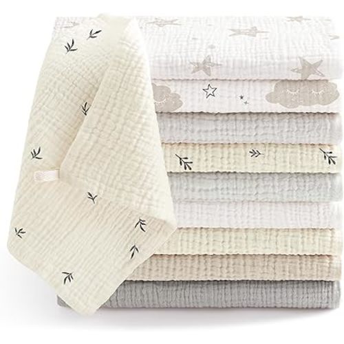 Bearmoss Muslin Baby Washcloths 100% Cotton Bath Wash Cloth Large Burp Cloth Baby Face Towel for Newborn Baby Boy Girl, 10x10inch 10Pack (Neutral)