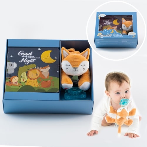 Queebi Baby Book & Fox Pacifier Holder Gift Set - Includes Board Book, Audio Book, Plush Toy Pacifier Holder and Pacifier - Unisex Baby Gift - 0+ months Baby Toy