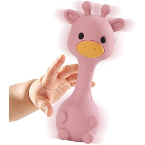 Giraffe Silicone Baby Teether Rattle Toy for 0-6 6-12 Months, BPA-Free Infant Teething Toy with Rattle Sound, Easy-Grip Design for Teething Relief (Dark Pink)