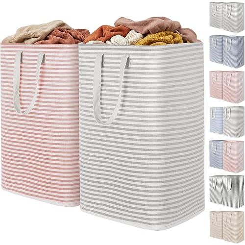 Lifewit 2 Pack Laundry Basket 80L Each, Collapsible Clothes Hamper with Reinforced Handles, Freestanding Waterproof Design for Bedroom and Laundry Room, Grey&Pink 160L Total
