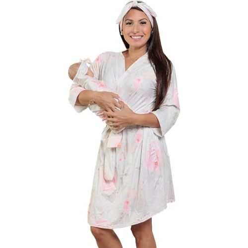 MOMMY O CLOCK Maternity Robe and Baby Swaddle Blanket, Milk Silk Matching Delivery Robe and Swaddling Wrap for Mom and Baby
