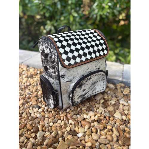 SALE LARGE checker western genuine leather and cowhide backpack/diaper bag with clavos. Western diaper bag.leather backpack. Mama diaper bag