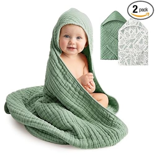 Baby Bath Towels, 100% Muslin Cotton Hooded Baby Towels for Newborn, 2 Pack Baby Towels with Hood for Infant Toddler and Kids, Large 32x32Inch Unisex Bath Essentials, Soft and Absorbent