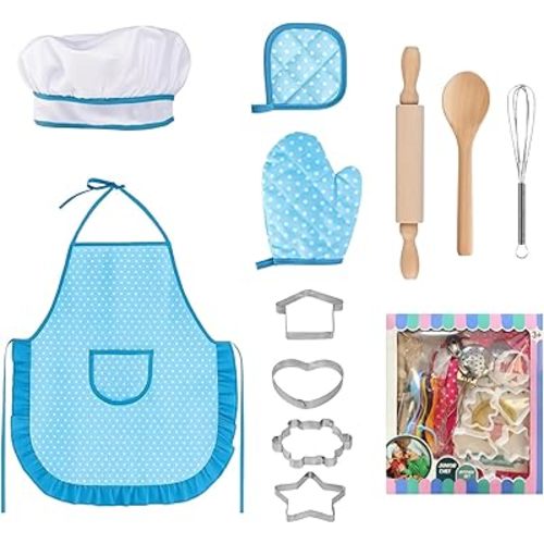 11 PCS Kids Chef Costume Set, Cooking & Baking Toys for Toddlers 3-8 with Adjustable Apron, Pretend Play Gift for Boys & Girls Birthday Xmas(Blue)