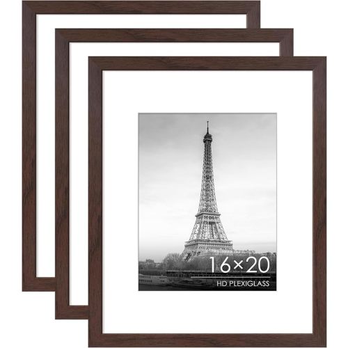 16x20 Picture Frame Set of 3, for Wall Mount, Walnut Woodgrain | Display Pictures 11x14 with Mat or 16 x 20 without Mat, for Photos, Artwork; Fits Home, Office & Gallery Wall Decor