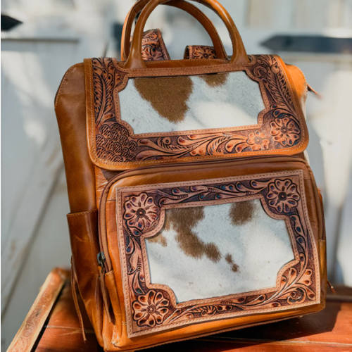 Tooled Leather Cowhide Backpack | Diaper or Work Bag Style + Hidden Back Pocket