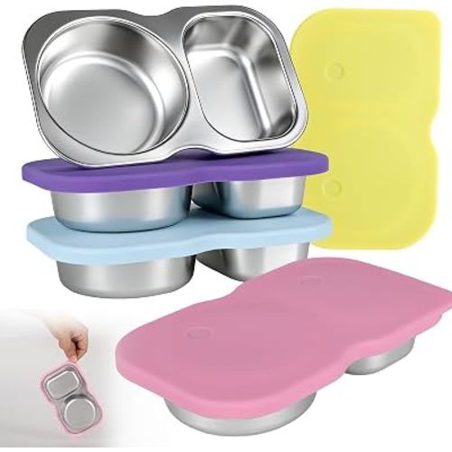 4 Pack Stainless Steel Snack Containers, Bouble Compartment Snack Box with Silicone Lid 2-Compartment Snack Containers for Snacks, Dip, Nuts, Fruits, Lunch, Salad Dressing to Go (Style B -4PCS)
