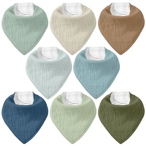 Muslin Baby Bibs 8 Pack, Baby Bandana Drool Bib for Drooling and Teething, 100% Cotton Soft Absorbent for Girls Boys Fresh Hues