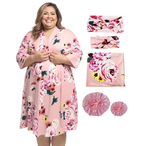 SUFEINI Maternity Robe and Matching Swaddle Blanket Set, Plus Size Women Postpartum Robes Sleepwear New Mommy Gift