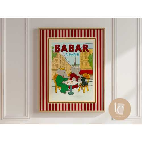 Babar the elephant in Paris cafe wall art retro kids decor quote wall art genre neutral baby wall art illustration nursery print red stripes