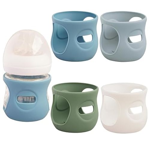 4 Pack Silicone Sleeves for Avent Natural Glass Baby Bottles, Anti Breakage Bottle Holder, Compatible with Philips Avent Glass Natural Baby Bottles (Blue+Gray+Green+White, 4 OZ)