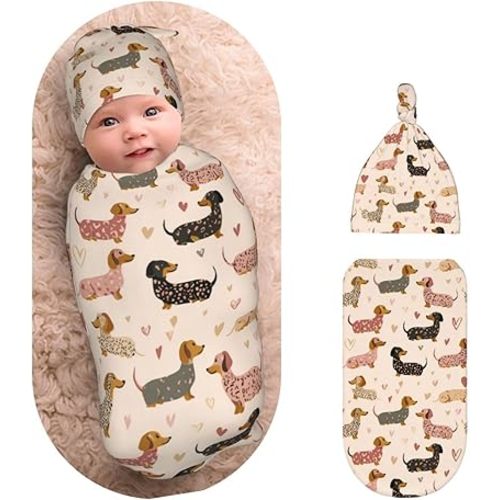 Cute Adorable Dachshund Dogs Newborns Beanie Swaddle Blanket Set Baby Receiving Blankets for 0-6m Infant Boy Girl Swaddle Blankets Wrap Soft Sleeping Sack