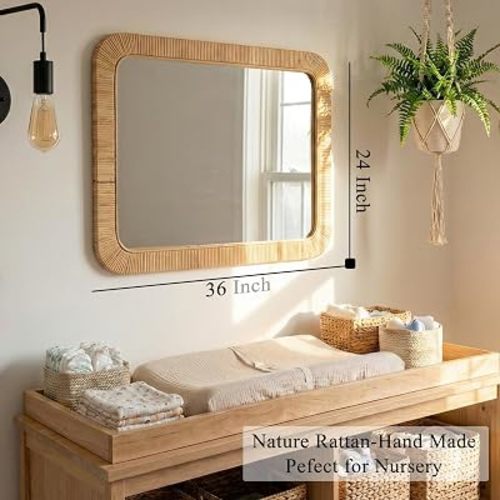 Rattan Rectangular Mirror 24x36, Boho Decorative Wall Mirror for Bathroom, Farmhouse Vanity Mirror for Nursery, Bedroom, Living Room Decor, Nursery & Children's Room