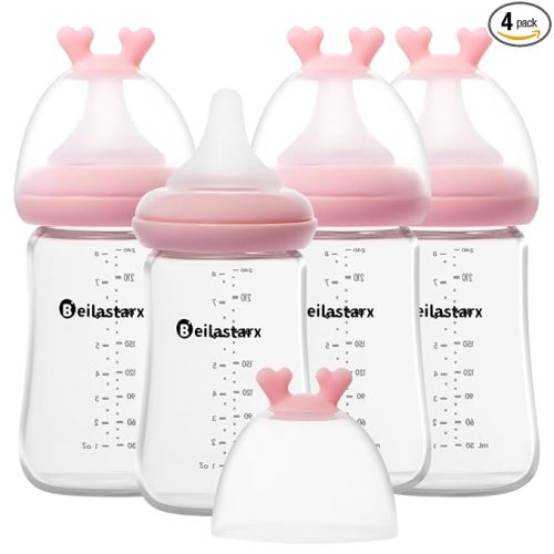 Glass Baby Bottles with Natural Response Nipple Size M - Anti Colic Baby Bottles Wide Neck Slow Flow Baby Bottle(Red, 8oz (Pack of 4))