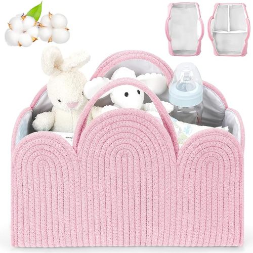 Diaper Basket Organizer - Cotton Pink Diaper Caddy Basket, Removable Diaper Storage Basket with Handle, Car Diaper Caddy, Boy & Girl Gift for Baby Shower and Registry Must-Pink