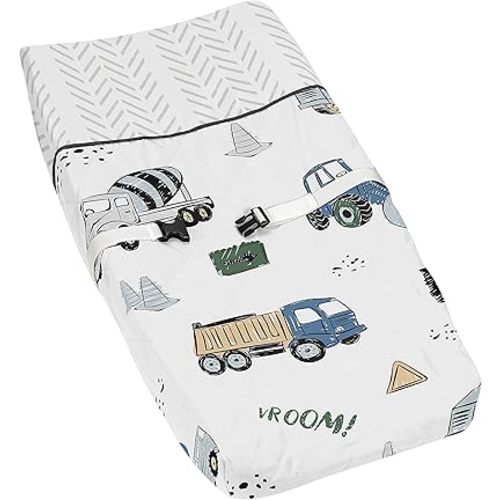 Sweet Jojo Designs Construction Truck Boy Baby Nursery Changing Pad Cover - Grey Yellow Black Blue and Green Transportation Chevron Arrow