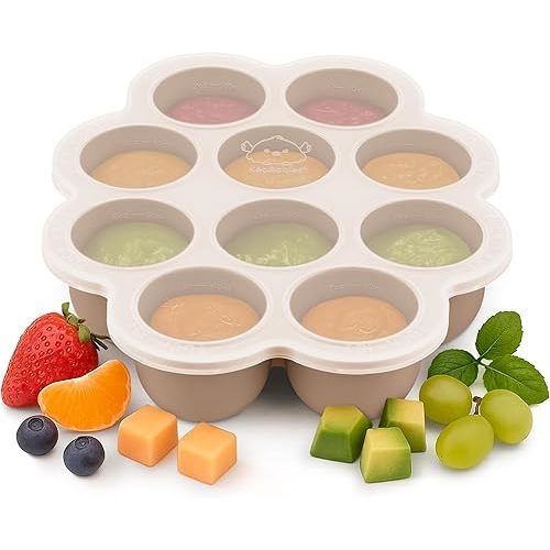 KeaBabies Silicone Food Freezer Trays with Lid, 2oz x 10 Pods Baby Food Storage Containers, Easy Puree Meal Prep, Breast Milk Silicone Freezer Molds, Dishwasher, Microwave Safe,BPA-Free(Chai Latte)