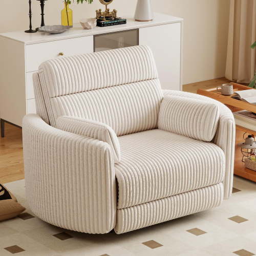 Ebello Oversized Electric Power Glider Recliner Chair for Adults, Overstuffed Extra-Wide Seat Corduroy Rocker Sofa, Modern Round Accent Chair with USB & Type-C Ports, Beige