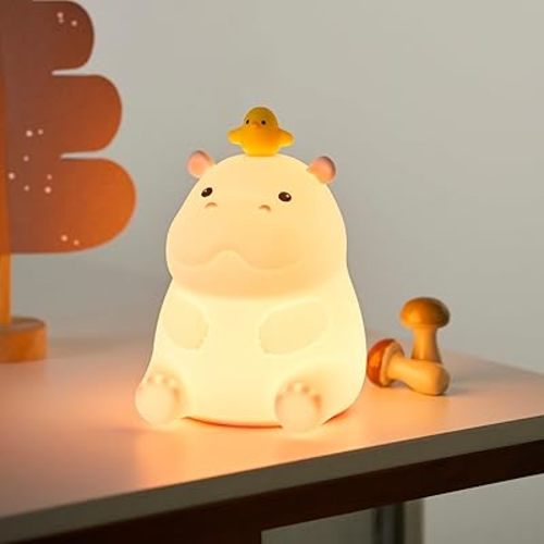 ATSUI Hippo Night Light, LED Squishy Novelty Animal Lamp, Food Grade Silicone, 2 Level Dimmable, Nursery Nightlight for Desk Decor, Funny Gifts Stuff for Boys Girls Baby, White Elephant Gifts