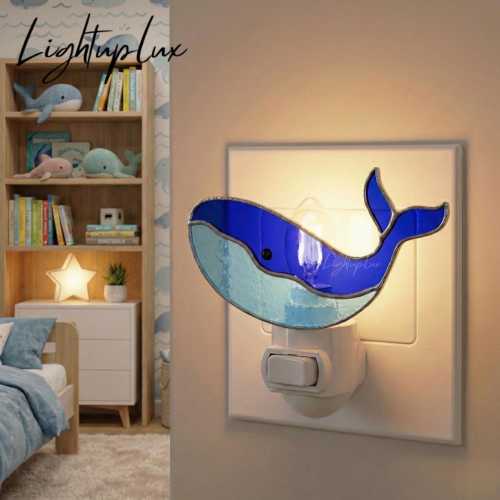 Whale Stained Glass Night Light, Ocean Animal Accent Lamp for Nursery Wall Decor, Soft Ambient Glow for Kids Bedroom or Baby Room
