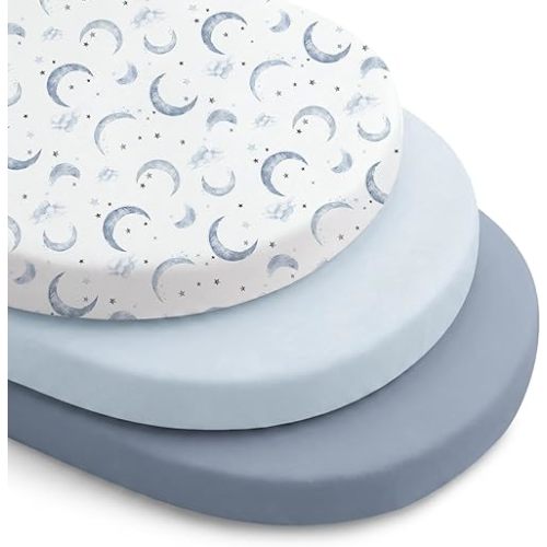Konssy Silky Soft Bassinet Sheets 3 Pack, Ultra-Stretchy Bassinet Mattress Sheets for Baby Girl Boy, Breathable Fitted Sheet for Standard Oval Hourglass Mattress (Blue Moon)