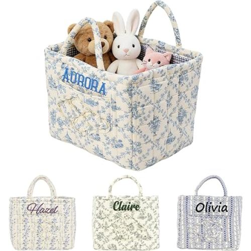 Personalized Quilted Floral Fabric Storage Basket w/Name, Custom Foldable Organizer Bin w/Handles, Large CapacityQuilted Car Basket for Laundry Home Nursery Gift for Birthday baby shower