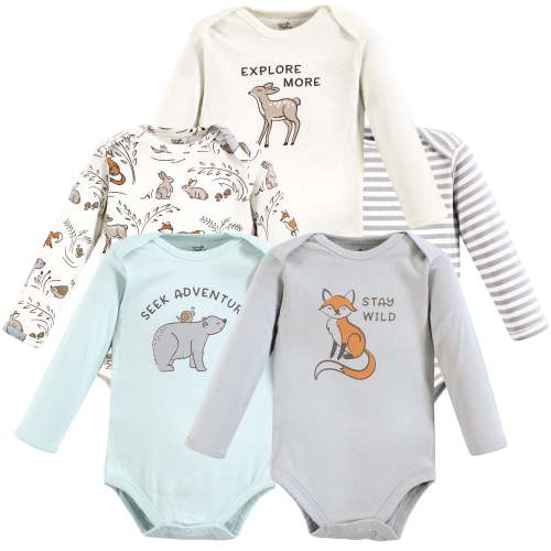 Touched by Nature Unisex Baby Organic Cotton Long-Sleeve Bodysuits, Dreamy Woodland, 0-3 Months