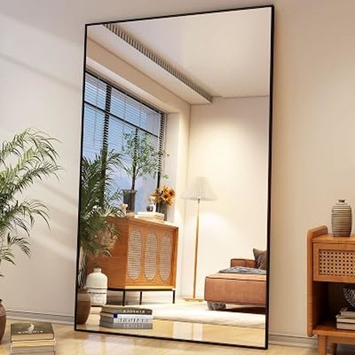 Easly 40"x86" Full Length Mirror with Stand, Large Rectangular Floor Mirror for Bedroom, Living Room or Closet, Wall-Mounted or Freestanding, Black Aluminum Alloy Frame
