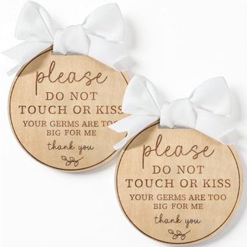 2PCS Please Do Not Touch or Kiss Baby Sign with Ribbon, Wooden Please Dont Touch Baby Sign, Round Babys Stroller Tag for Car Seats, Strollers, and Cribs