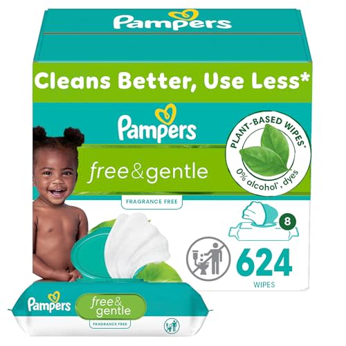 Pampers Baby Wipes Free & Gentle, Hypoallergenic and Unscented Baby Wipes, 100% Plant Based Wipes, Plastic-Free Baby Wipes, 624 Baby Wipes Total (8 Flip-Top Packs)