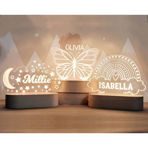 Custom night light, Moon & stars butterfly or rainbow for kids room decor, personalize with your name