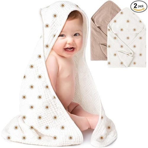 Konssy 2-Pack Muslin Hooded Baby Towels, 100% Cotton, Ultra-Soft & Absorbent Baby Bath Towels with Hood for Newborn & Infant (Camel, Sun,32" x 32")