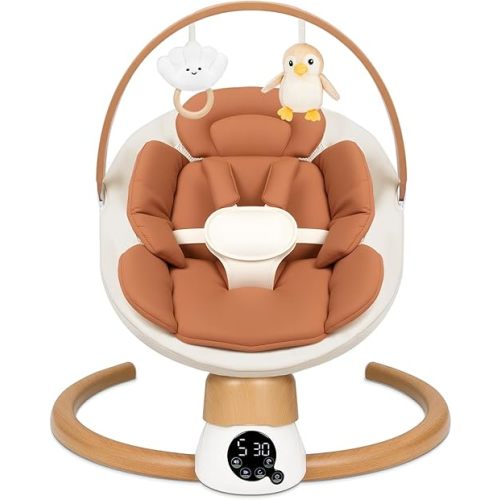 Baby Swings for Infants | Electric Portable Baby Swing with Bluetooth, 5 Swing Speed, 3 Timer Settings, 10 Melodies, 5-Point Harness & Remote Control | Indoor & Outdoor Newborn Swing (Brown)