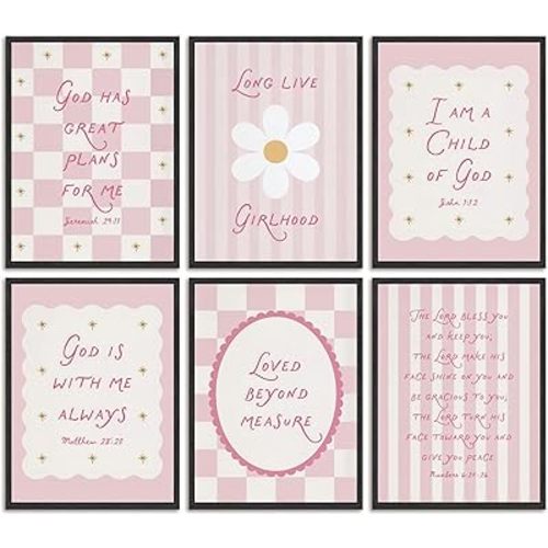6Pcs Pink Bible Verse Canvas Wall Art Christian Girls Education Posters Prints Children's Bible Inspirational Quote Wall Decor Pictures for Nursery Kids Bedroom Classroom Home Decoration Unframed