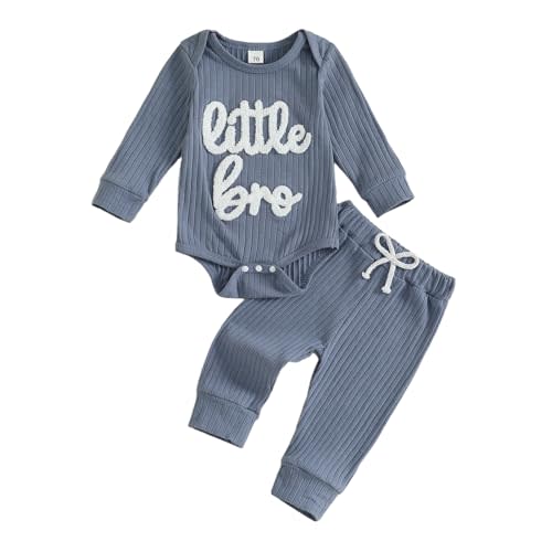 Tsnbre Baby Boy Clothes Little Brother Embroidery Ribbed Long Sleeve Romper Pants Set Newborn Fall Winter Outfits