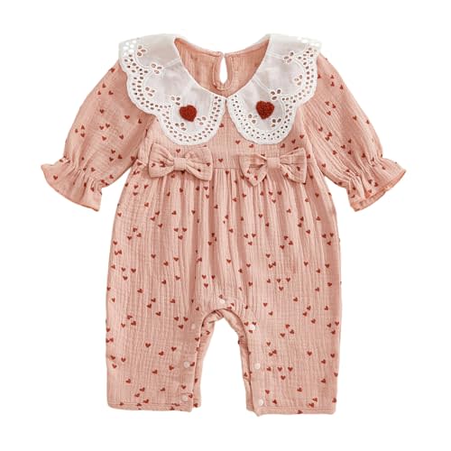 Lamuusaa Newborn Baby Girl Valentines Day Outfit Peter Pan Collar Lace Romper Cotton Linen Heart Bodysuit Jumpsuit 0-18M