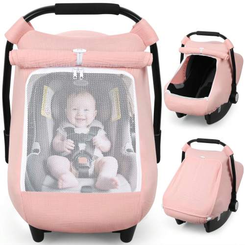 Oaoleer 1PC Car Seat Cover Baby, Carseat Covers Girl Boy, Breathable Muslin Cotton, Large Mesh Window, Infant Car Seat Canopy Baby Carrier Cover