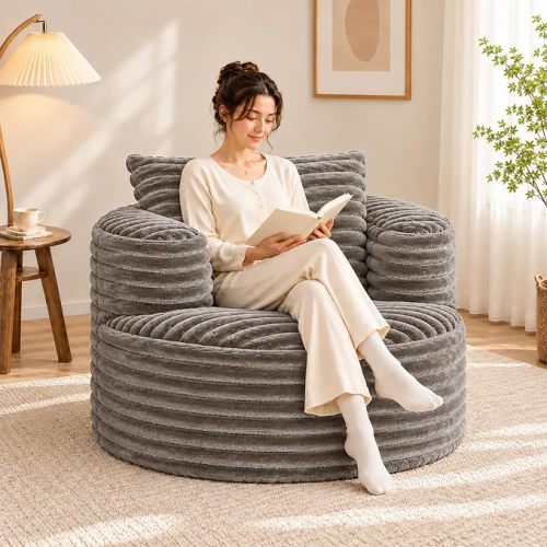 YVDNHP Round Lounge Chair, 37" Corduroy Comfy Reading Sofa w/Pillow, Black