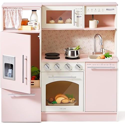 Tiny Land Play Kitchen for Kids, Upgraded Wooden Kitchen Toy with Complete Play Areas, Pretend Cooking Set with Sink, Stove, Microwave, Toy Coffee Station & Storage for Kids Ages 3+
