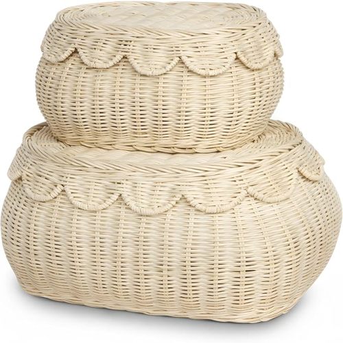 BEBE BASK The Original Scalloped Basket with Lid - Set of 2 (15x11x6 In) | Handwoven & Award Winner, Sustainable Rattan, Wicker Basket With Scalloped Edge Lid, Nursery Storage, Scallop Basket, Natural