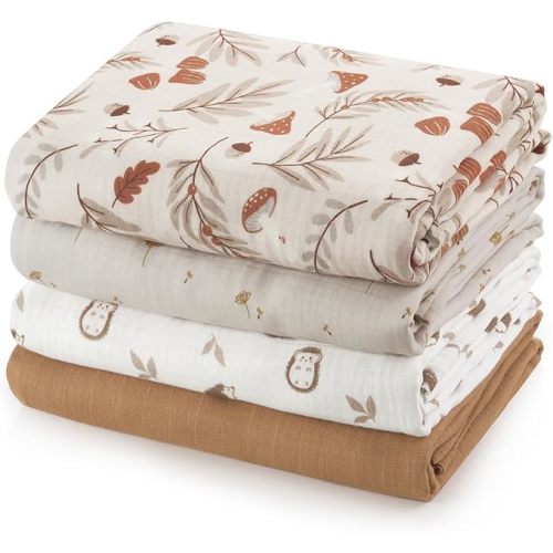 PHF Muslin Swaddle Blankets for Newborn, 4 Pack Soft Breathable Receiving Blankets, Large 47 x 47 Inches, Skin-Friendly Muslin Baby Swaddles Unisex, Baby Essentials & Shower Gifts (Leaf & Floral)