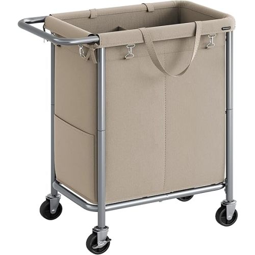 SONGMICS Laundry Basket with Wheels, 2-Section Rolling Laundry Hamper, 37 Gallons (140 L), Removable Liner, Steel Frame with Handle, 27.2 x 15.4 x 31.9 Inches, Camel Brown URLS004N01