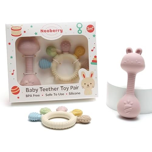 Baby Teether and Rattle Toy Set, BPA-Free, Food-Grade Silicone, Easy-Grip Teething Rattle for Babies, Soothing Teething Toy, Infant Sensory Toy for 3-24 Months (Cat)