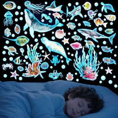 Glow in The Dark Ocean Wall Decals, 4 Sheets Underwater Sea Animal Stickers (Dolphin, Turtle, Jellyfish), Self-Adhesive Kids Bedroom Decor for Boys & Girls, Blue Glow Nursery Wall Art (7.8x11.8in)