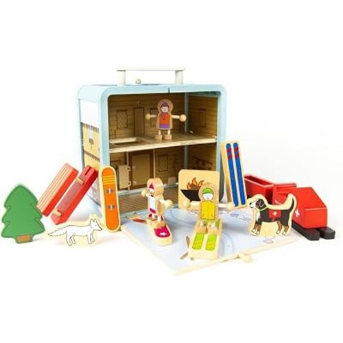 Jack Rabbit Creations Ski Chalet Toy Suitcase - 16 Pc Wooden Set - Ages 3+