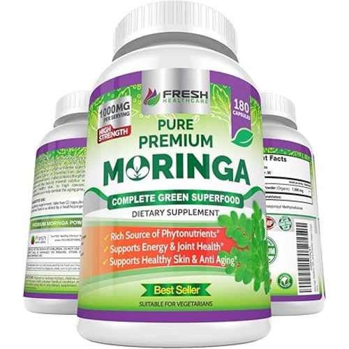 FRESH HEALTHCARE Moringa Capsules - 100% Pure Leaf Powder Supplement, 180 Pills, Non-GMO, 3 Month Supply, Complete Green Superfood for Energy, Skin, Immune and Gut Health Support