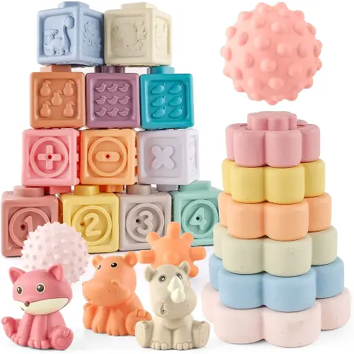 Baby Toys 6 to 12 Months, DY-GO 3 in 1 Montessori Toys for Babies 6-12 Months - Soft Stacking Building Blocks Sensory Balls Toys & Infant Teething Toys for Toddler 6 9 12 18 Months Boys & Girls 24 Pcs